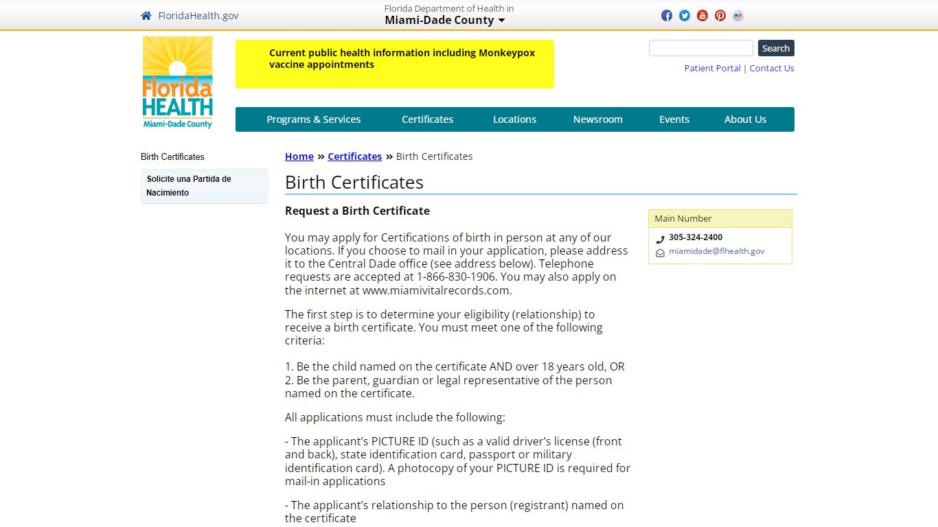 Birth Certificates | Florida Department of Health in Miami-Dade